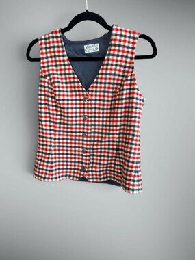 Vintage 70s The Villager Red Blue Plaid Fitted Retro Wool Vest